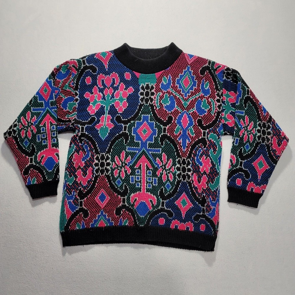 Glamour Knit Vintage 80s Sweater Made in USA shoulder pads pink blue black green